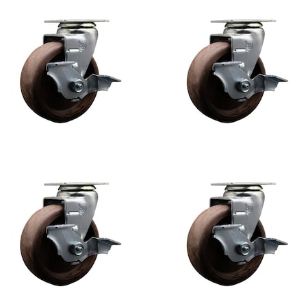 Service Caster 5'' High Temp Glass Filled Nylon Swivel Caster Set w/Bronze Bearing and Brake, 4PK SCC-20S520-GFNBZHT-TLB-4